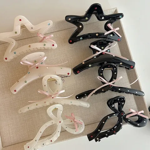 Französischer Vintage Acryl Schleife Stern Herz Haarkralle Clips Strass Band Bunte Haifisch-Clips Für Damen Mode Haarschmuck