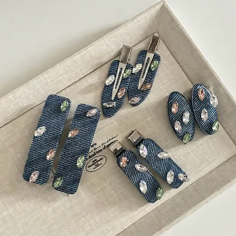 Fermaglio per Capelli in Tessuto Denim Vintage Con Strass Colorati Fermaglio a Becco d'Anatra in Acetato Geometrico Dolce Gioielli per Capelli Donna Ragazze