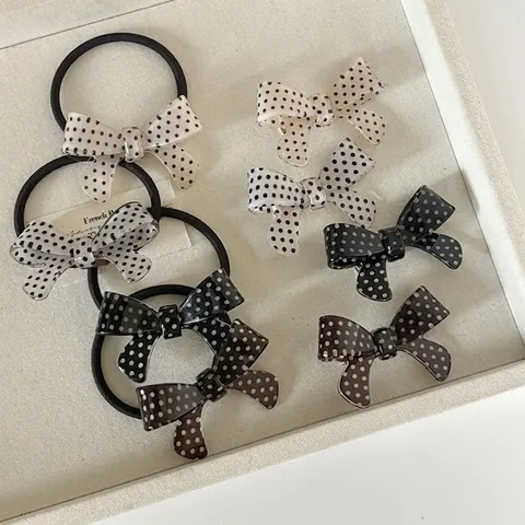Pince à Cheveux Nœud à Pois Doux Pince à Bec de Canard Vintage Français Élastique à Cheveux en Résine Accessoires Femme