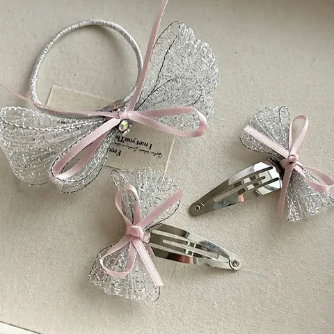 Barrettes Cheveux Nœud en Maille Argentée Brillante Avec Rubans Roses Strass Accessoires Cheveux Princesse pour Filles