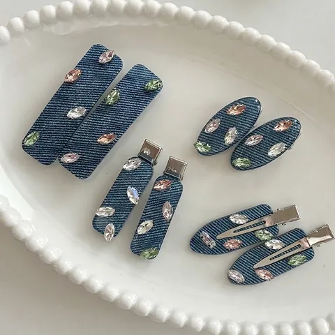 Fermaglio per Capelli in Tessuto Denim Vintage Con Strass Colorati Fermaglio a Becco d'Anatra in Acetato Geometrico Dolce Gioielli per Capelli Donna Ragazze