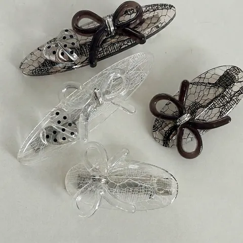 Fermaglio per Capelli in Acetato Minimalista Coreano Fiocco in Pizzo Cuore Decor Frangia Laterale Clip a Becco d'Anatra Moda Donna Fatto a Mano