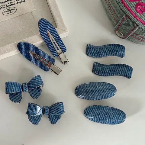 Eleganti Fermagli per Capelli in Acrilico con Texture Denim per Donna Moda Fatti a Mano Ovali a Fiocco a Forma di Onda Clip per Frangia Laterale Accessori per Capelli
