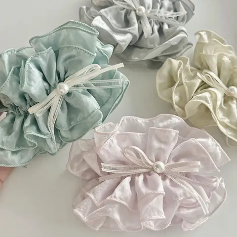 Coletero de Satén Con Volantes Estilo Francés Con Lazo Y Perla Artificial de Imitación Balletcore Elegante Goma Pelo Mujer