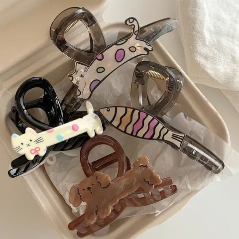 Pinza para el Pelo de Acrílico Hecha a Mano para Mujer Dibujos Animados Animal Cubiertos Patrón Pinza de Tiburón