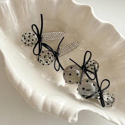 Fermaglio per Capelli a Becco d'Anatra con Sfera in Acrilico a Pois e Fiocco Nero Strass Dolce Stile Accessori per Capelli Donna