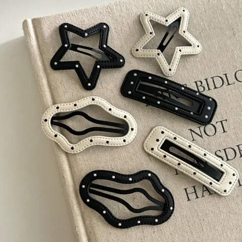 Vintage Polka Dot Synthetic Leather Star Square Cloud Hair Clips For Women Fashion Black White Snap BB Clips Hair Accessories