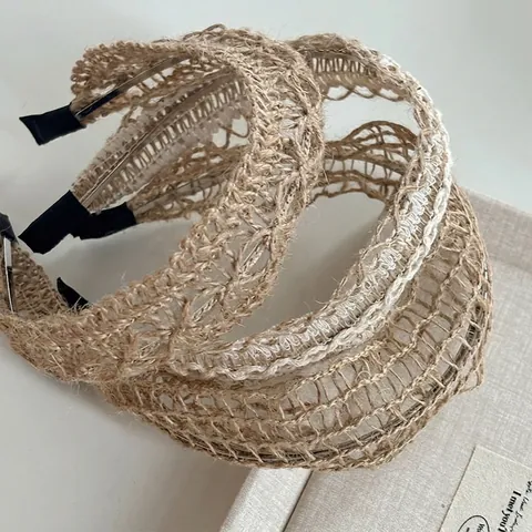Cerchietto Bohemien in Lino Intrecciato a Tesa Larga Intagliato a Mano Fascia per Capelli Accessori Moda per Donna Copricapo Etnico Retro