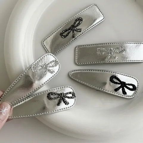 Pince à Cheveux en Cuir PU Argent avec Nœud en Strass Rectangulaire Forme Goutte Clip BB Accessoires Cheveux pour Femmes
