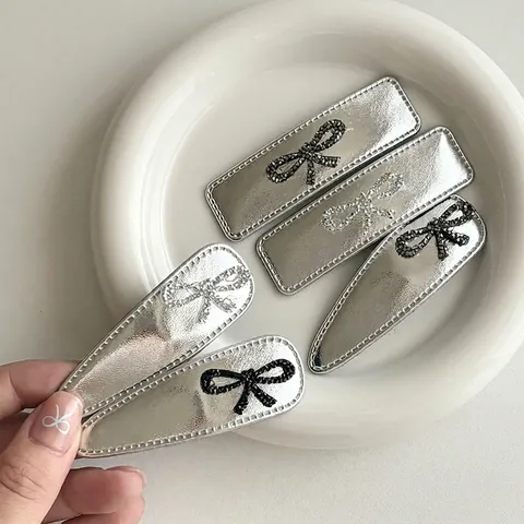 Pince à Cheveux en Cuir PU Argent avec Nœud en Strass Rectangulaire Forme Goutte Clip BB Accessoires Cheveux pour Femmes
