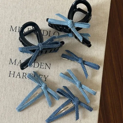 Pince à Cheveux Nœud en Denim Vintage pour Femmes Mode Style Coréen Tissu Jeans Bleu Pince Requin Accessoires de Coiffure