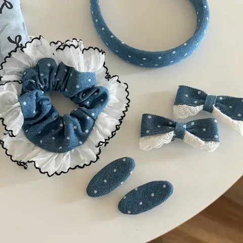 Vintage Denim Polka Dot Haarklammern Spitze Schleife Scrunchies Blau Floral Stirnbänder Für Damen Mode Stoff Haarschmuck