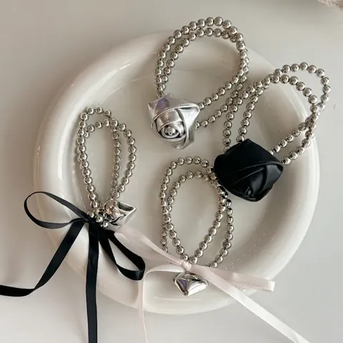 Y2K Rose Herz Anhänger Perlen Haargummi Armband Silberne Perlen Haarseil Mit Schleife Für Damen Sweet Cool Schmuck