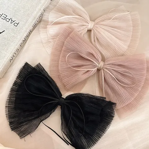 Grande Pince à Cheveux Nœud Plissé en Chiffon Avec Longs Rubans Élégant Doux Style Mori Accessoire de Cheveux Pour Femmes