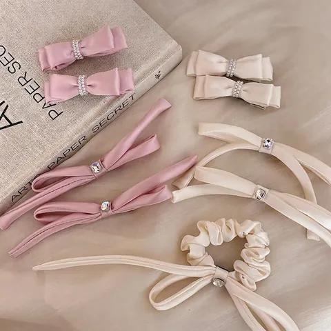 Elegante Molletta per Capelli a Fiocco in Satin per Donna Forcina con Nastro Lungo e Decorazione in Strass Perla Artificiale Accessori Capelli