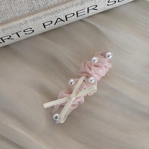 Sweet Ribbon Bow Pleated Mesh Artificial Pearl Hair Clip For Women Cute Tweed Fabric Hairpins Duckbill Clip Hair Accessories
