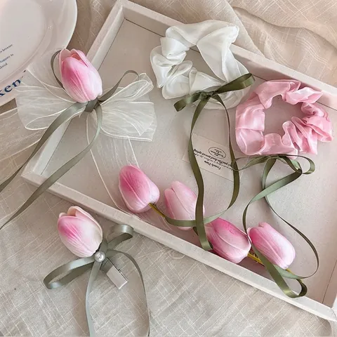 Coletero de Satén con Cinta de Tulipán Estilo Francés Elegante Anillo de Pelo Floral Dulce Pinza de Pelo de Flor para Mujer