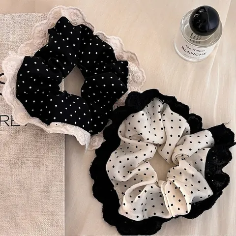 French Vintage Polka Dot Scrunchie Large Hair Ring With Lace Trim Chiffon Elastic Hair Band For Women Hair Accessories