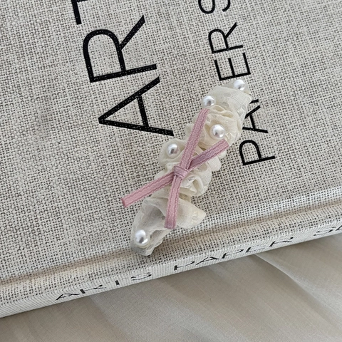 Sweet Ribbon Bow Pleated Mesh Artificial Pearl Hair Clip For Women Cute Tweed Fabric Hairpins Duckbill Clip Hair Accessories