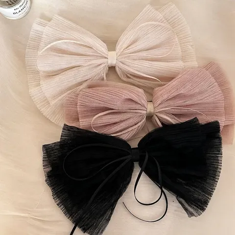 Grande Pince à Cheveux Nœud Plissé en Chiffon Avec Longs Rubans Élégant Doux Style Mori Accessoire de Cheveux Pour Femmes