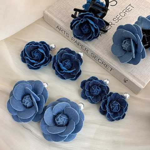 Pinza de Pelo de Rosa de Mezclilla Vintage para Mujer Horquilla de Camelia Azul Con Perla Artificial Accesorios