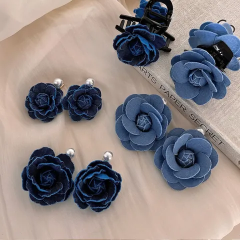 Pinza de Pelo de Rosa de Mezclilla Vintage para Mujer Horquilla de Camelia Azul Con Perla Artificial Accesorios