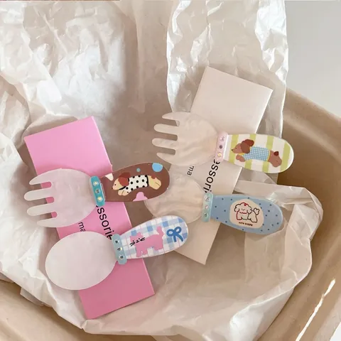 Cute Cartoon Dog Cat Fork Spoon Hair Clip Acrylic Striped Polka Dot Pattern Side Hairpin For Women Girls Accessories