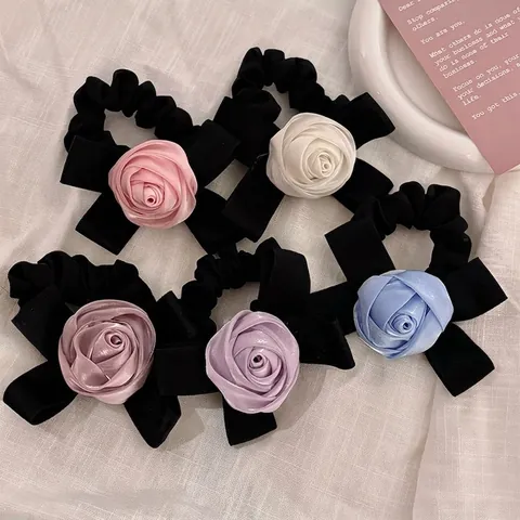 Chouchou en Satin avec Rose et Nœud Style Coréen Élastique Cheveux Haute Élasticité pour Femme Coiffure Élégante Fait à la Main