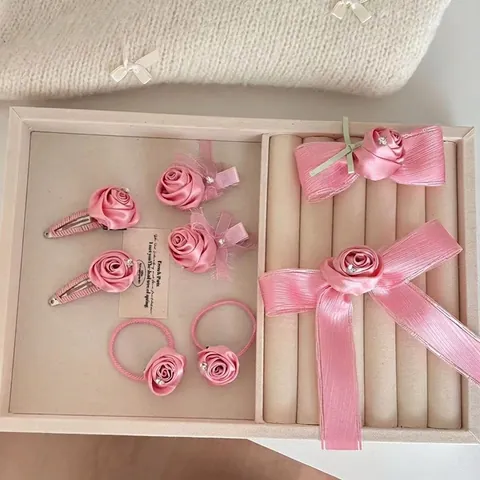 Handgefertigte Rosa Satin Rosenblüten Haarklammern Für Damen Mädchen Süße Strass Schleife Haarnadeln Pony Clip Haarschmuck