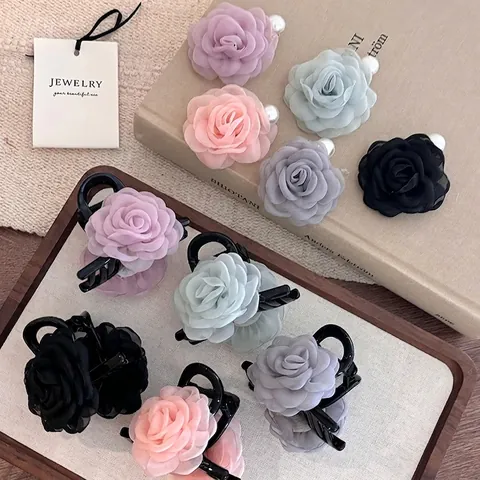 Elegante Fermaglio per Capelli a Forma di Camelia in Rete Con Perla Artificiale Molletta a Granchio Floreale Coreana per Donna
