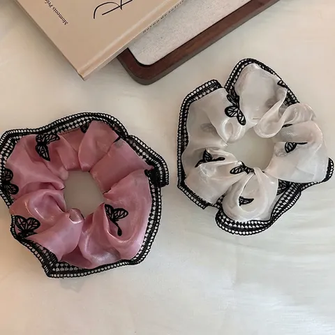 Handgefertigtes Netzgewebe Schmetterling Haargummi Mit Schwarzem Spitzenrand Französisches Vintage Elastisches Haarband Damen Haarschmuck