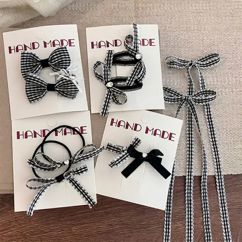 Molletta per Capelli con Fiocco a Quadri Bianchi e Neri e Strass a Cuore Elastico per Capelli con Fiocco in Rete per Donna Accessori Capelli Vintage