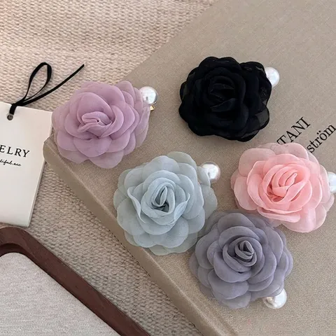 Elegante Fermaglio per Capelli a Forma di Camelia in Rete Con Perla Artificiale Molletta a Granchio Floreale Coreana per Donna