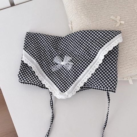 Franse Stijl Kantafwerking Ruit Driehoekige Hoofddoek Voor Dames Koreaanse Ruit Haar Bandana Stof Haarwikkel Hoofddeksel Mode Woon-werkverkeer