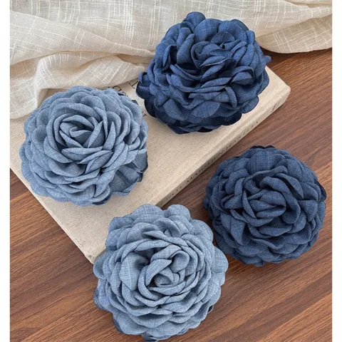 Large Denim Rose Flower Hair Claw Clip For Women Handmade Fabric Shark Clip Vintage Floral Hair Accessory Headpiece