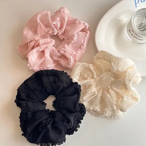 Lace Scrunchies Ballet Style Fabric Hair Ties Cream Lattice Dot Tulle Hair Bands Sweet Ruffle Hair Accessories For Women