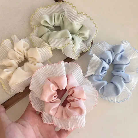 Coletero de Pelo Estilo Coreano con Borde de Malla para Mujer Color Macaron con Encaje de Volantes Elástico de Tela