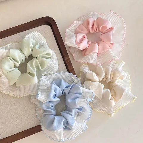 Coletero de Pelo Estilo Coreano con Borde de Malla para Mujer Color Macaron con Encaje de Volantes Elástico de Tela