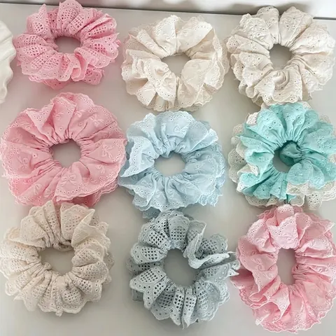Coletero de Tela Bordado a Mano Con Lazo de Encaje Dulce Gomas para el Pelo Para Mujer Accesorios de Banda Elástica Calada