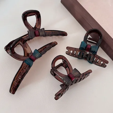 Elegante Acryl Haarklem met Strik Schildpad Haaienclip Contrastkleur Strik Haarelastiek Mode Handgemaakte Haaraccessoires Voor Dames