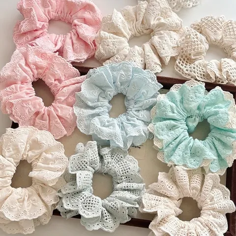 Coletero de Tela Bordado a Mano Con Lazo de Encaje Dulce Gomas para el Pelo Para Mujer Accesorios de Banda Elástica Calada
