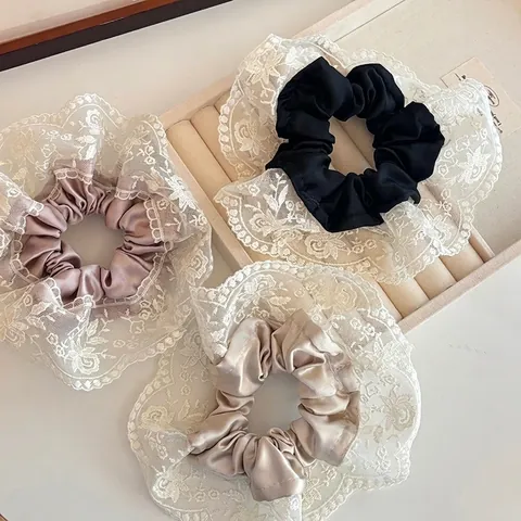 Elegante Elastico in Raso con Ricamo Floreale e Pizzo Grande Chouchou Vintage Francese per Donna Ragazze Accessori per Matrimonio Festa