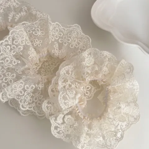 Elastico per Capelli in Pizzo con Ricamo Floreale Vintage per Donna Stile Francese Beige Rete Accessorio per Capelli Elastico