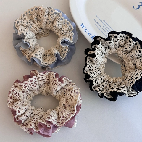French Retro Double Layer Lace Scrunchie High Elasticity Pleated Chiffon Hair Ring Large Hair Tie Women Sweet Hair Accessory