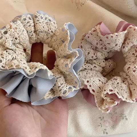 French Retro Double Layer Lace Scrunchie High Elasticity Pleated Chiffon Hair Ring Large Hair Tie Women Sweet Hair Accessory