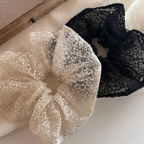 Vintage Palace Style Large Lace Scrunchie Elegant Mesh Floral Embroidery Ponytail Hair Tie Fashion Hair Accessories For Women