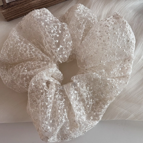 Vintage Palace Style Large Lace Scrunchie Elegant Mesh Floral Embroidery Ponytail Hair Tie Fashion Hair Accessories For Women