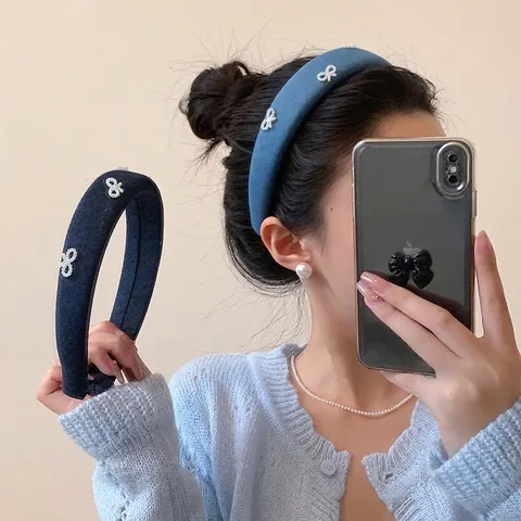 Damen Koreanischer Stil Denim Blau Haarreif Mit Künstlichen Perlen Schleife Gepolstert Breit Haarreifen Retro Haarschmuck