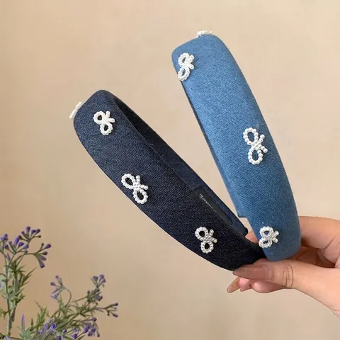 Damen Koreanischer Stil Denim Blau Haarreif Mit Künstlichen Perlen Schleife Gepolstert Breit Haarreifen Retro Haarschmuck