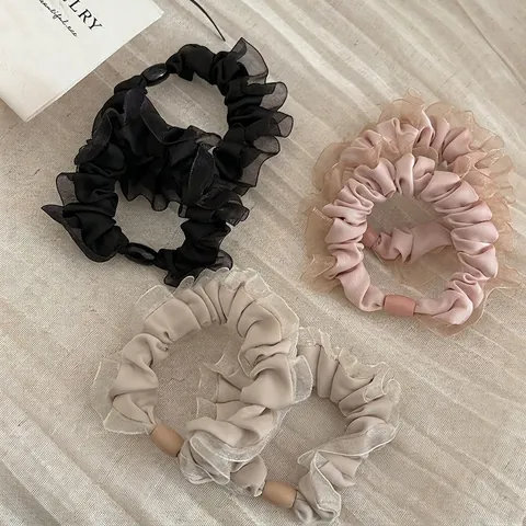 Women Elegant Mesh Organza Hair Scrunchies Double Layer Pleated Elastic Hair Ties Fashion Solid Color Ponytail Holder Jewelry
